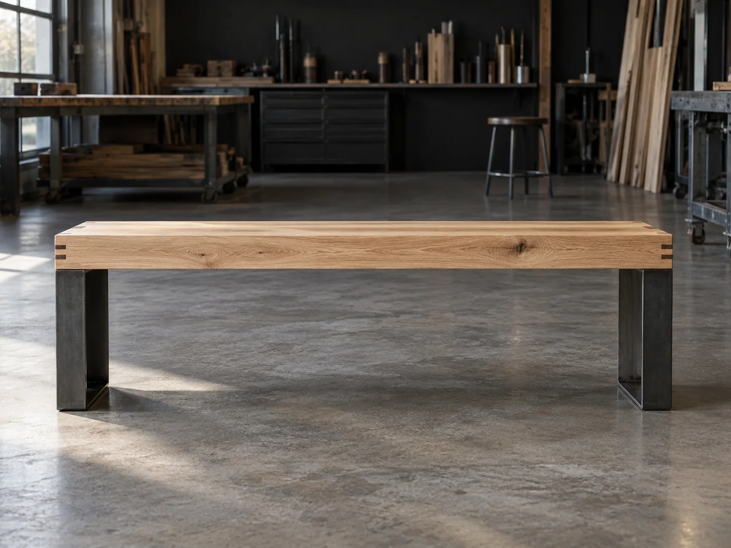 An oak bench with charcoal steel legs in a workshop, an illustrative custom build